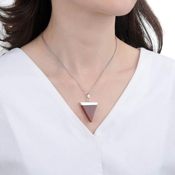 1pc Natural Carnelian Red Agate Triangle Gemstone Pendant Necklace, 18 Inch Surgical Stainless Steel Chain, GGP-A1