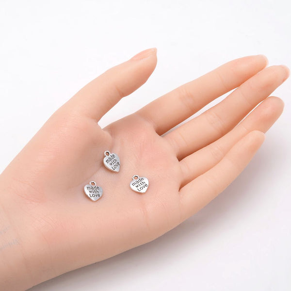 20pcs Made with Love Heart Charms, 12.6mm Small Double Sided Heart Drop Pendants, Antique Silver, MC-D15
