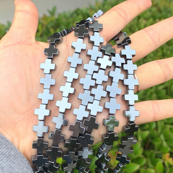 Grade A Natural Black Hematite Gemstone Cross Sign Beads, 15 Inch/1 Strand, 10mm, Hole ID 1mm, GFC-H1