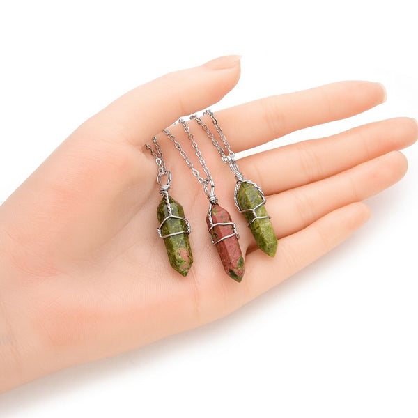 1pc Natural Unakite Jasper Gemstone Pendant Necklace, 18 Inch Surgical Stainless Steel Chain, GGP-E7