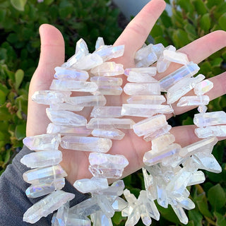 1 Strand Natural Raw Crystal Quartz Gemstone Beads, Medium Size Drilled Stone Points, Clear AB Titanium Coated Gem Stick, 15 Inch, GA-D2
