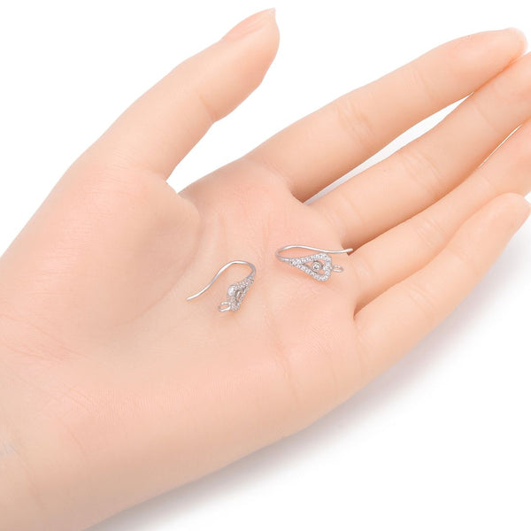 4pcs 925 Sterling Silver Fancy Peacock Feather Pattern Earring Hooks, 19 Cubic Zirconia CZ, Tarnish Resistant Rhodium Plated, 18mm, SS464