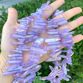 1 Strand Natural Raw Crystal Quartz Gemstone Beads, Small Drilled Stone Points, Violet Tanzanite AB Titanium Coated Stone Stick, 15 Inch, GA9