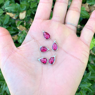 10pcs Grade A July Ruby Teardrop Birthstone Charm Drop, Sterling Silver Plated Brass, Size Selections: 11x7mm, 14x8mm, 16x9mm