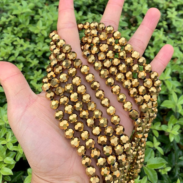140pcs Creative Club Faceted Round Crystal Glass Beads, Gold Aurum, 8mm, Hole ID 1mm, CC2R833