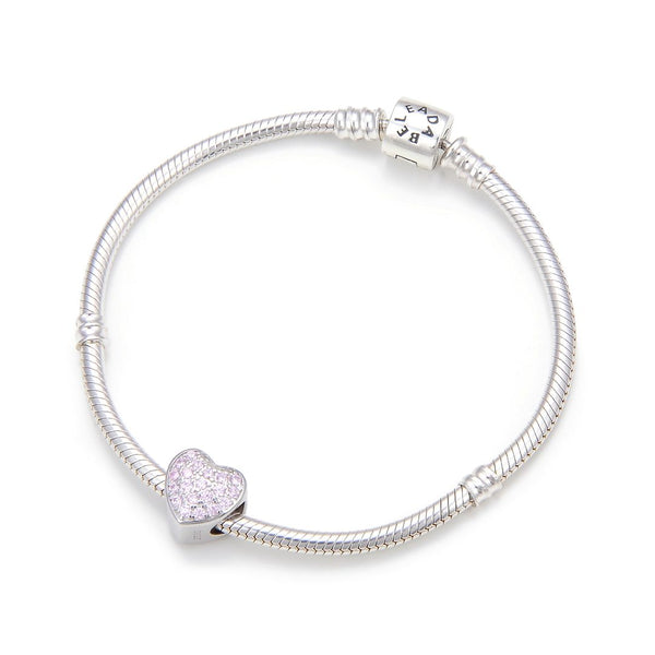 1pc 925 Sterling Silver Love Heart October Birthstone Bead Charm, Pink Tourmaline Cubic Zirconia CZ, 10mm, Hole ID 4.5mm, EC1-L10