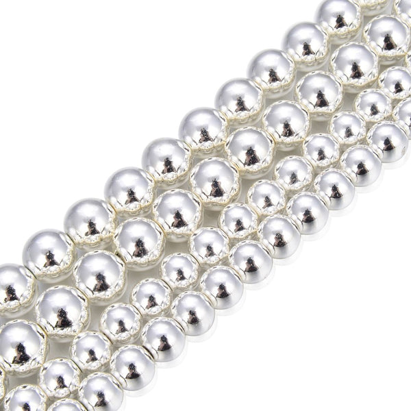 Natural Hematite Gemstone Round Beads, Silver Plated, 15 Inch/1 Strand, Size Selections: 6mm/8mm/10mm