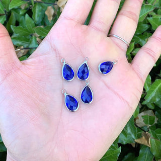 10pcs Grade A September Sapphire Blue Teardrop Birthstone Charm Drop, Sterling Silver Plated Brass, Size Selections: 11x7mm, 14x8mm, 16x9mm