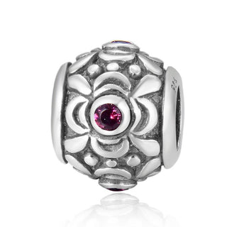 1pc 925 Sterling Silver Round Flower Pattern July Birthstone Bead Charm, Red Ruby Cubic Zirconia CZ, 11.2x9.5mm, Hole ID 4.5mm, EC1-G7