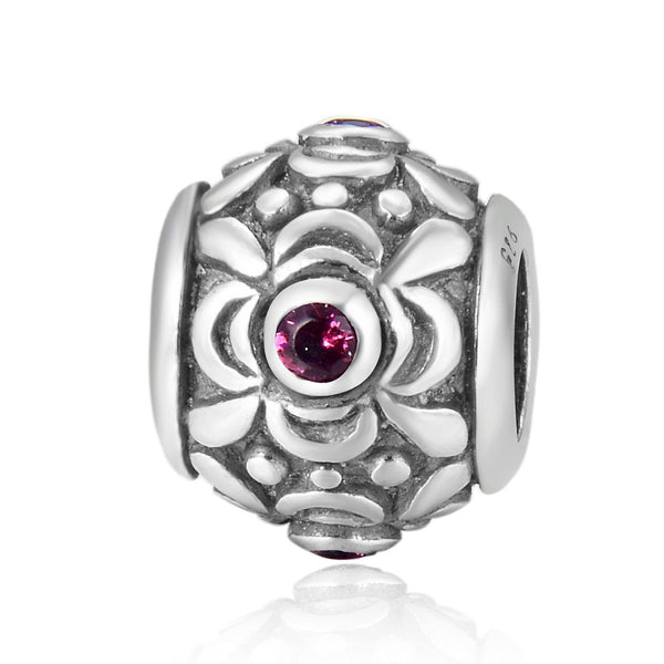 1pc 925 Sterling Silver Round Flower Pattern July Birthstone Bead Charm, Red Ruby Cubic Zirconia CZ, 11.2x9.5mm, Hole ID 4.5mm, EC1-G7