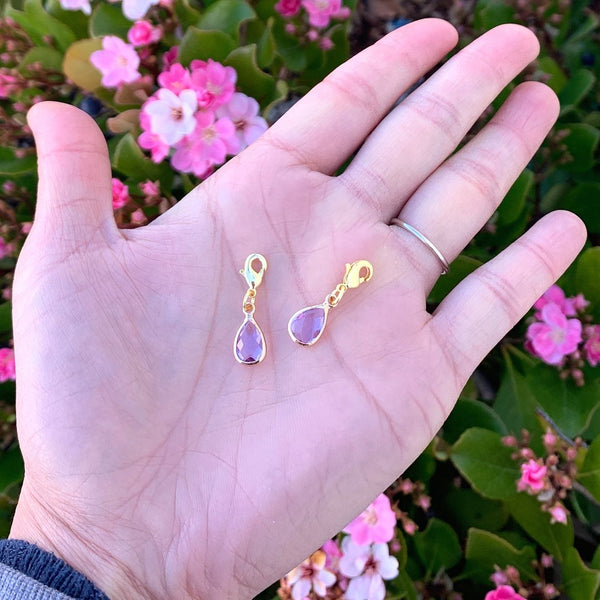2pcs Clip On Dangle June Alexandrite Light Violet Birthstone Charm Drops, Tarnish Resistant, 18K Yellow Gold Plated Lobster Clasp, BL8-6
