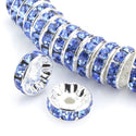 100pcs Grade A Rhinestone Rondelle Beads, Light Sapphire blue Rhinestone, Sterling Silver Plated Brass, Size Selections: 5mm/6mm/8mm/10mm/12mm