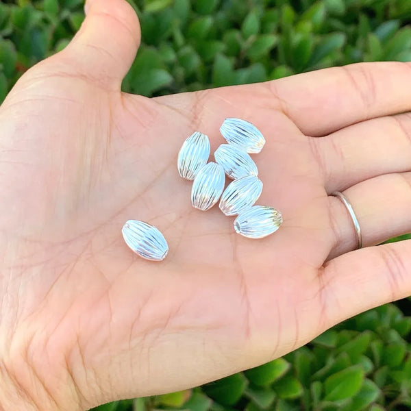 100pcs Corrugated Oval Melon Beads, Sterling Silver Plated Brass, Size Selections: 7x4mm, 10x6mm, 12x8mm
