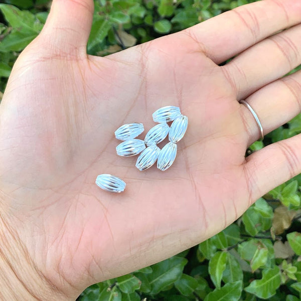 50pcs Tarnish Resistant Corrugated Oval Beads, Sterling Silver Plated Brass, Size Selections: 7x4mm, 10x6mm, 12x8mm
