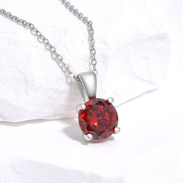 925 Sterling Silver January Birthstone Solitaire Necklace, 6mm/0.84 Carat Red Garnet Cubic Zirconia CZ, Length Selections: 16 inch/18 inch