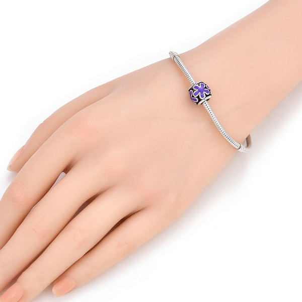 1pc Real 925 Sterling Silver Purple Enamel Flower Bead Charm, Compatible with Pandora All Other Charm Bracelet, EC6-B5