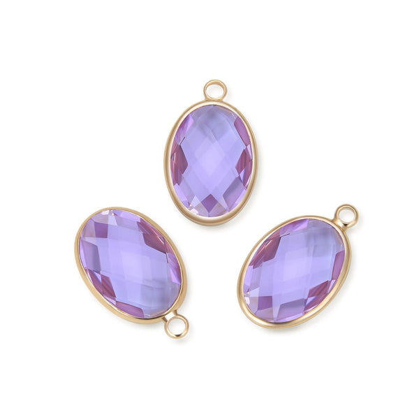 10pcs Grade A June Alexandrite Purple Oval Birthstone Charm Drops, 18K Yellow Gold Plated Brass, 18x13mm, CCP6-G6