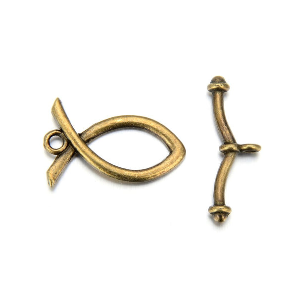 Adabele 20 Sets Fish Shape Toggle Clasp, T-Bar Jewelry Closure, 23mm (0.9 Inch), Tarnish Resistant Antique Bronze, MC-AF51