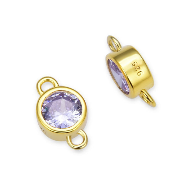 2pcs 925 Sterling Silver 6mm June Birthstone Links, Real 18K Yellow Gold Plated, Alexandrite Cubic Zirconia Gemstone Connector, SXP9-6