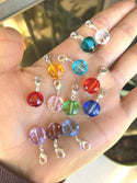 1 Set/12pcs Mixed Clip On Dangle Birthstone Charm Drops, 10mm Crystal Mini Round Beads, Sterling Silver Plated Clasp, BL14