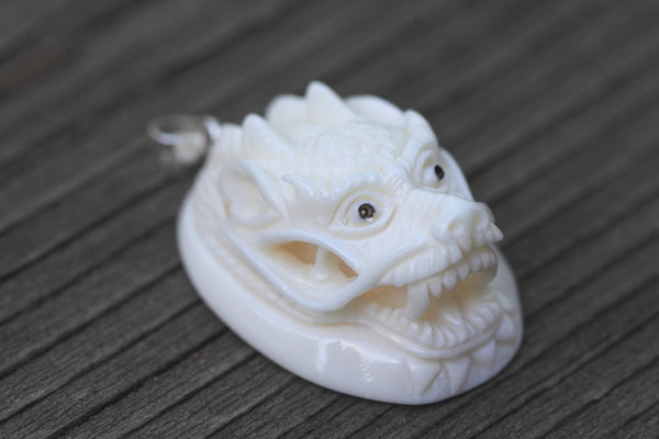 1pc Beautiful Dragon King Hand Carved White Buffalo Bone Drop Pendant, Symbol of Strength Prosperity Pendant, with Sterling Silver Bail, 1.2 Inch, BP-80