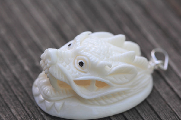 1pc Beautiful Dragon King Hand Carved White Buffalo Bone Drop Pendant, Symbol of Strength Prosperity Pendant, with Sterling Silver Bail, 1.2 Inch, BP-80