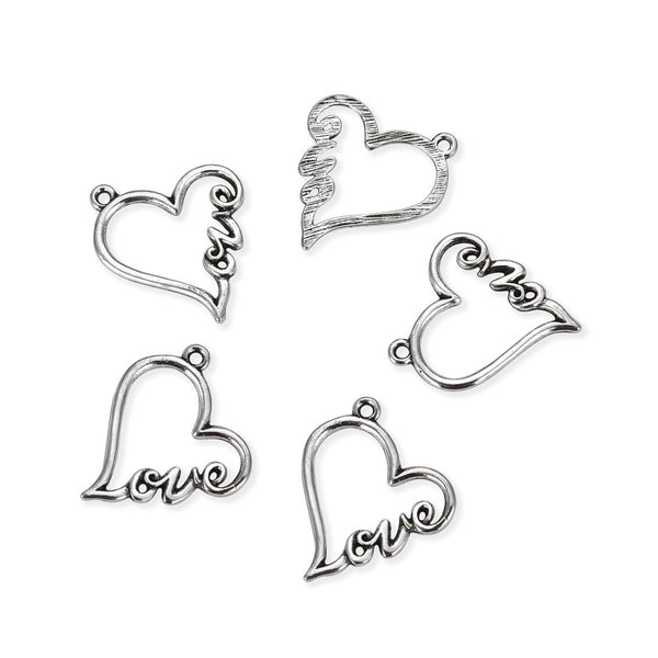 20pcs Artistic Love Heart Charms, 28mm Large One Sided Heart Drop Pendants, Antique Silver, MC-D22