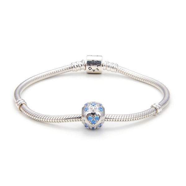 1pc 925 Sterling Silver Round Heart Pattern December Birthstone Bead Charm, Blue Zircon Cubic Zirconia CZ, 11x9mm, Hole ID 4.5mm, EC1-H12