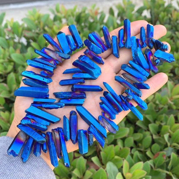 1 Strand Natural Raw Crystal Quartz Gemstone Beads, Small Drilled Stone Points, Sapphire Blue AB Titanium Coated Stone Stick, 15 Inch, GA4