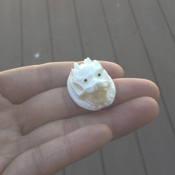 1pc Beautiful Dragon King Hand Carved White Buffalo Bone Drop Pendant, Symbol of Strength Prosperity Pendant, with Sterling Silver Bail, 1.2 Inch, BP-80