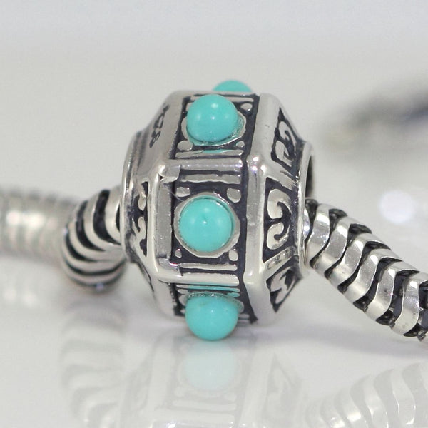 1pc Real 925 Sterling Silver Lantern Blue Turquoise Gem Stone Bead Charm, Compatible with Pandora All Other Charm Bracelet, EC24-B4