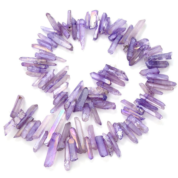1 Strand Natural Raw Crystal Quartz Gemstone Beads, Small Drilled Stone Points, Violet Tanzanite AB Titanium Coated Stone Stick, 15 Inch, GA9