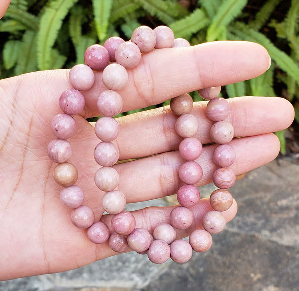 1 Strand Stretch Natural Pink Rhodonite Beaded Gemstone Bracelet, 8mm Bead, Length Selections: 7 inch/7.5 inch/8 inch/8.5 inch