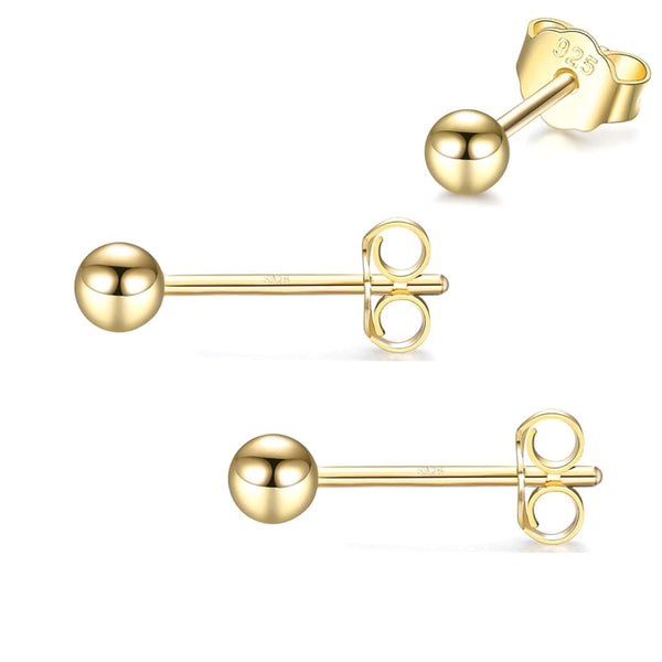 1 Pair 925 Sterling Silver Ball Post Stud Earrings, Real 18K Yellow Gold Plated Ball Ear Studs, Size Selections: 3mm/4mm/6mm/8mm