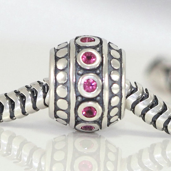1pc 925 Sterling Silver Round July Birthstone Bead Charm, Red Ruby Cubic Zirconia CZ, 10x8mm, Hole ID 4.5mm, EC1-F7