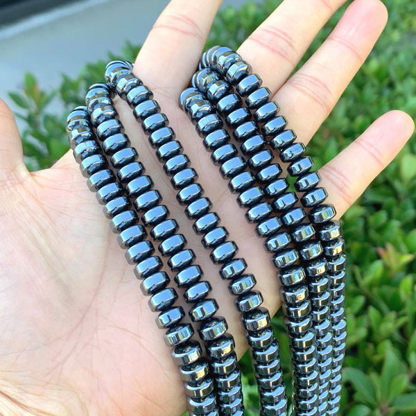 Grade A Natural Black Hematite Gemstone Rondelle Beads, 1 Strand/15 Inch, 8x6mm, Hole ID 1mm, GFC9-1