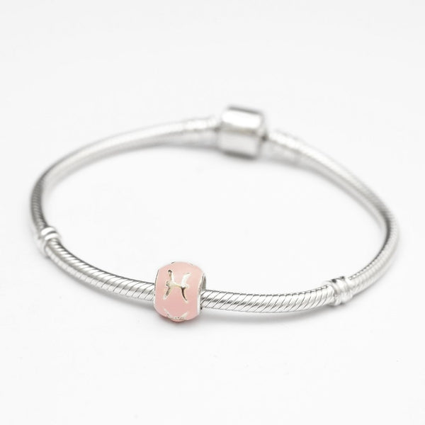 1pc 925 Sterling Silver Pisces Zodiac Sign Bead Charm Pink Enamel, Compatible with Pandora All Other Charm Bracelets, EC52
