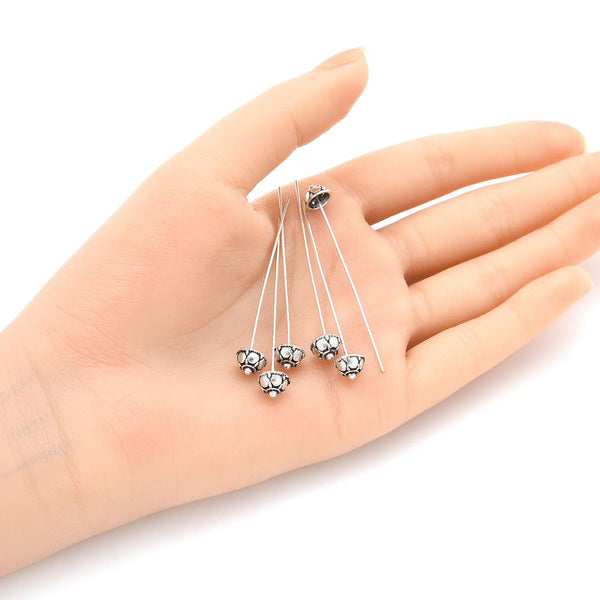 20pcs Fancy Decorative Head Pins, 7.6mm Artistic Flower Head, Antique Silver, 2.1 Inch Long, 0.7mm/21 Gauge, MC-W4