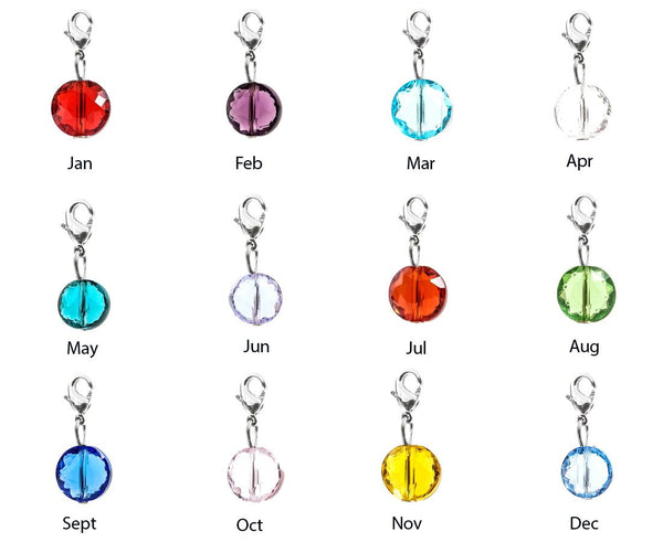 1 Set/12pcs Mixed Clip On Dangle Birthstone Charm Drops, 8mm Crystal Mini Round Beads, Sterling Silver Plated Clasp, BL13