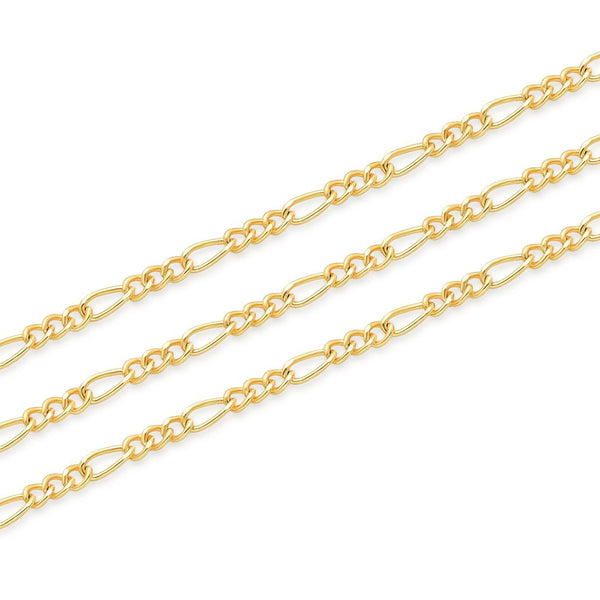 16.5 Feet Tarnish Resistant Diamond Cut Figaro Chain Link, 18K Yellow Gold Plated Brass, Size Selections: 2mm/2.5mm