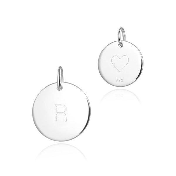 1pc 925 Sterling Silver 12mm Letter R Charm, Heart Engraved, Name Initial Disc Coin Pendant Drop, SLP-S18