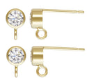 2pc Real 1/20 14K Gold Filled Earring Posts, 4mm Small Cubic Zirconia CZ Bezel, Open Ring, with 2pcs Plastic Earring Backs, JK1-F4