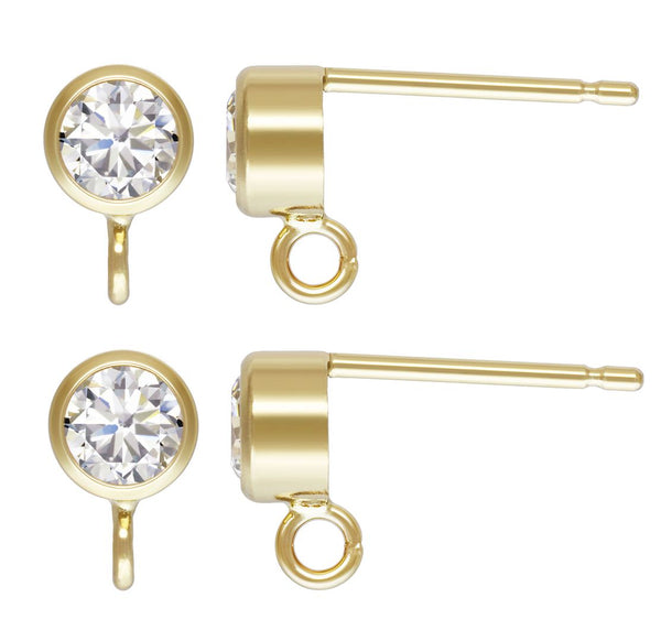 2pc Real 1/20 14K Gold Filled Earring Posts, 4mm Small Cubic Zirconia CZ Bezel, Open Ring, with 2pcs Plastic Earring Backs, JK1-F4