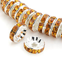 100pcs Grade A Rhinestone Rondelle Beads, Topaz Yellow Rhinestone, Sterling Silver Plated Brass, Size Selections: 5mm/6mm/8mm/10mm/12mm