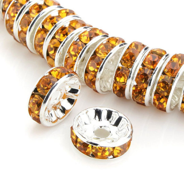 100pcs AAA Grade Rhinestone Rondelle Beads, Sterling Silver Plated Brass, Topaz Yellow Rhinestone, Color Selections: 5mm/6mm/8mm/10mm/12mm