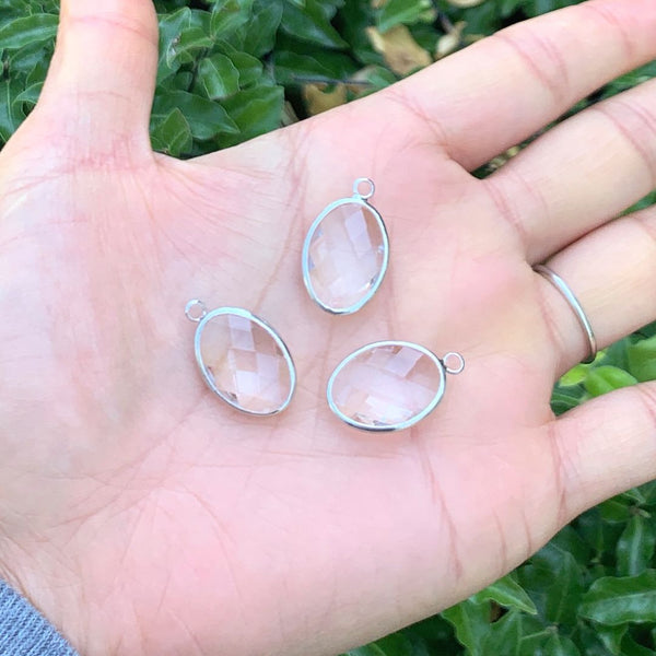 10pcs Grade A April Diamond Clear Oval Birthstone Charm Drops, Sterling Silver Plated Brass, 18x13mm, CCP6-S4