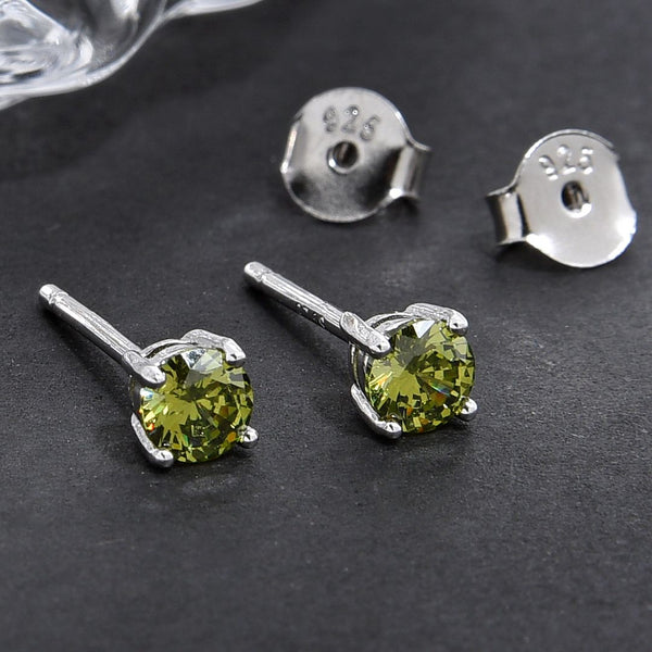 1 Pair 925 Sterling Silver August Green Birthstone Round Cut Stud Earrings, 4mm/0.25 Carat Small Tiny Cubic Zirconia CZ Peridot Stone, SSE78-8