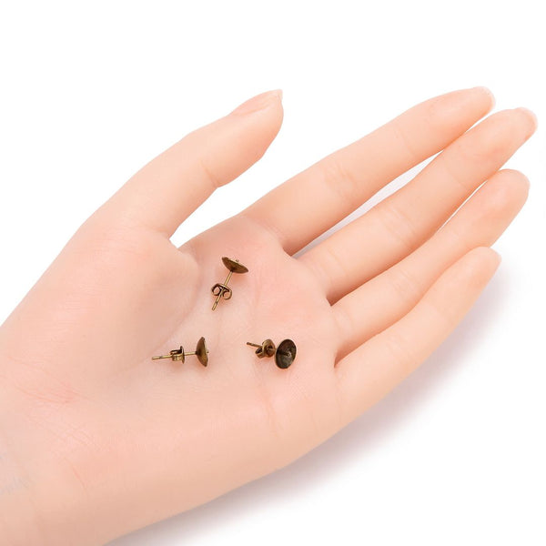 100pcs Earring Posts Glue In Settings, with 100pcs Earring Backs, Antique Bronze Plated Brass, Cup Size Selections: 3mm/4mm/6mm/8mm