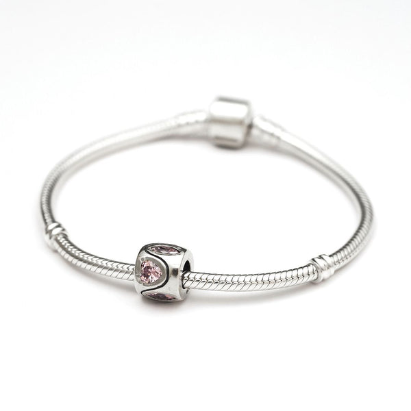 1pc Real 925 Sterling Silver Heart Bead, October Birthstone Charm Cubic Zirconia CZ Pink Tourmaline Gemstone, Compatible with Pandora all Other Charm Bracelets, EC616