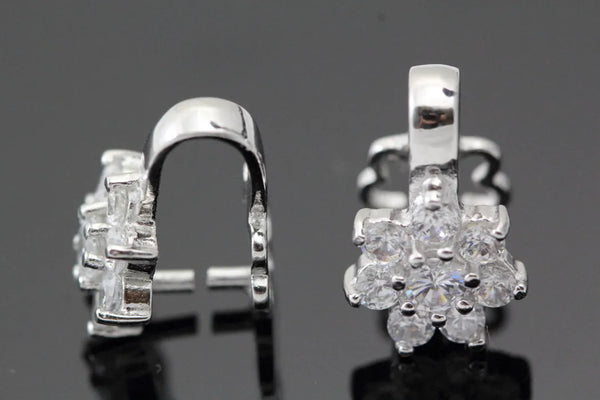 1pc 925 Sterling Silver 14mm Flower Pinch Bail, Pendant Clasp, Tarnish Resistant Rhodium Plated, Cubic Zirconia CZ, SS43
